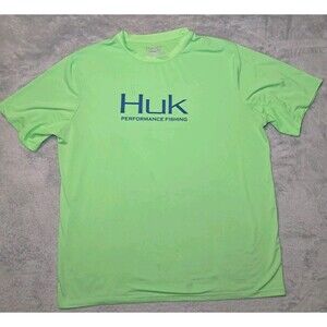 HUK Outdoor Performance Gear Fishing NEON GREEN Short Sleeve Shirt Mens XL Flaws